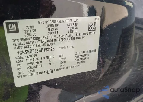 2011 Chevrolet Tahoe Hybrid z USA, uszkodzony, nr VIN 1GNSKDFJ3BR192126